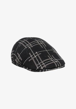 Cappello nero con motivo a quadri caratterizzato da linee grigie. Realizzato in tessuto strutturato con forma arrotondata e una visiera cucita.