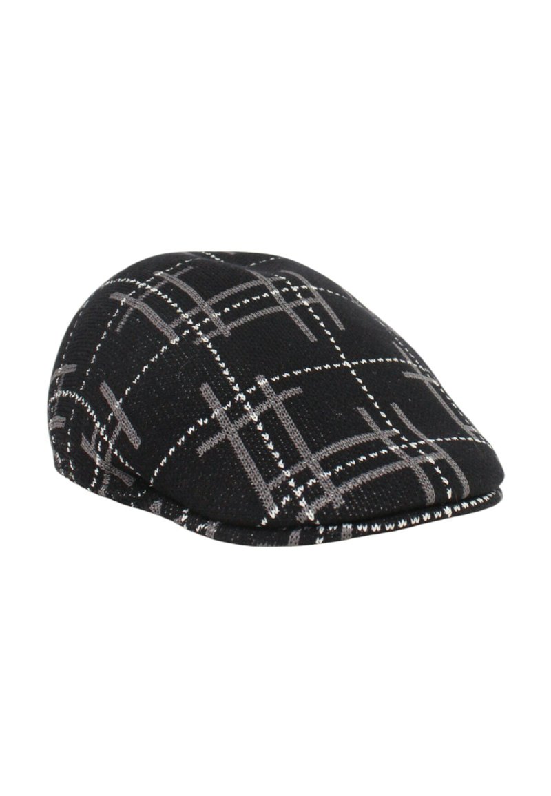Cappello nero con motivo a quadri caratterizzato da linee grigie. Realizzato in tessuto strutturato con forma arrotondata e una visiera cucita.