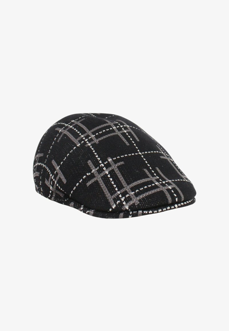 Cappello nero con motivo a quadri caratterizzato da linee grigie. Realizzato in tessuto strutturato con forma arrotondata e una visiera cucita.