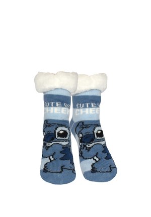 Blue fluffy socks featuring a cartoon character and the words "Cute" and "Cheer" knitted on the cuffs.