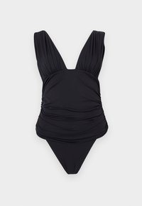 Μαύρο ολόσωμο μαγιό με βαθύ V-λαιμόκοψη, ρυθμισμένες λεπτομέρειες υφάσματος και ψηλές ανοίγματα στα πόδια, παρουσιάζεται σε απλό φόντο.