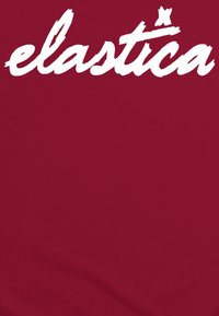 Maroons T-shirt med stort hvidt tekst, der staver "elastica." Blødt stof med glat tekstur og ingen yderligere grafik eller mønstre.