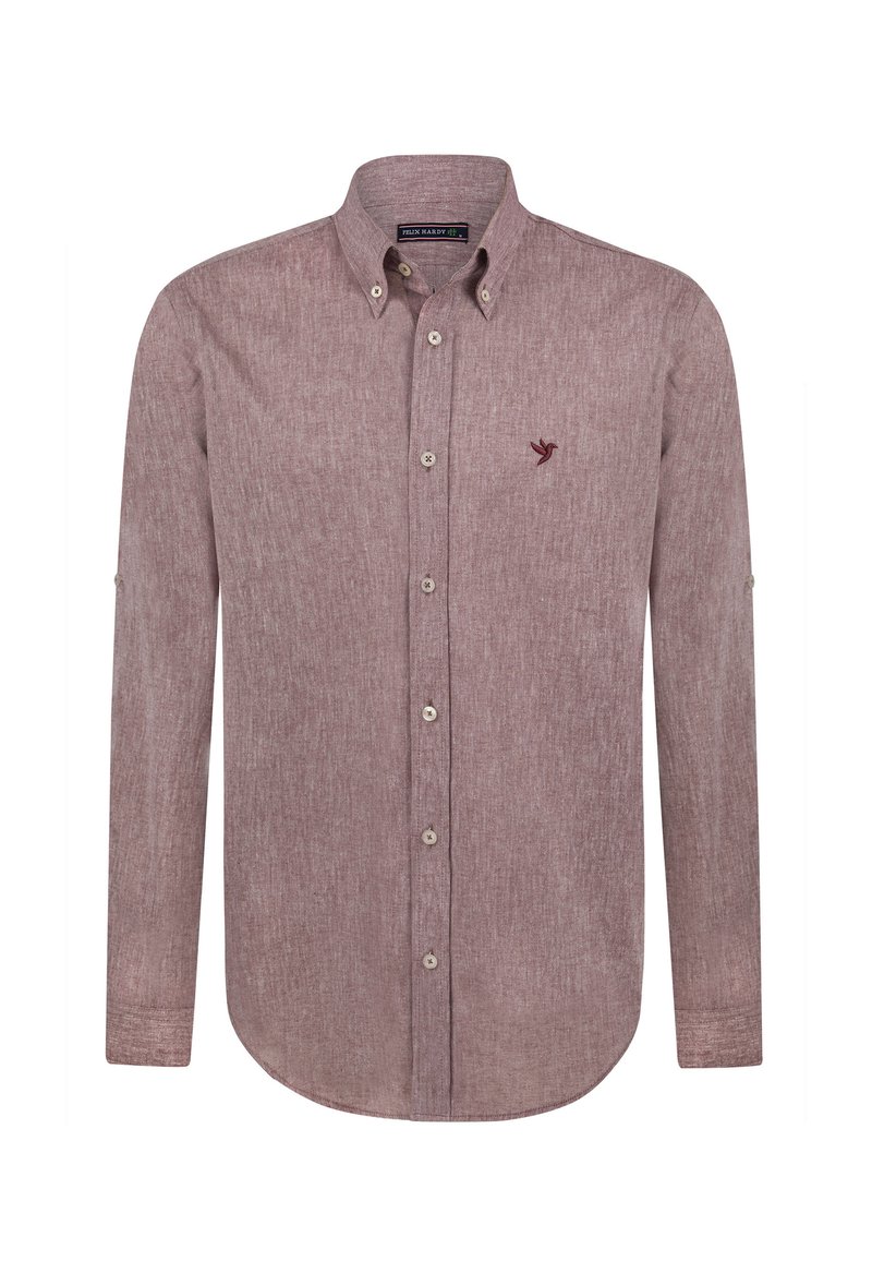 Chemise boutonnée en tissu texturé de couleur brun rougeâtre. Col classique, manches longues et petit logo brodé sur la poitrine. Comprend des boutons.