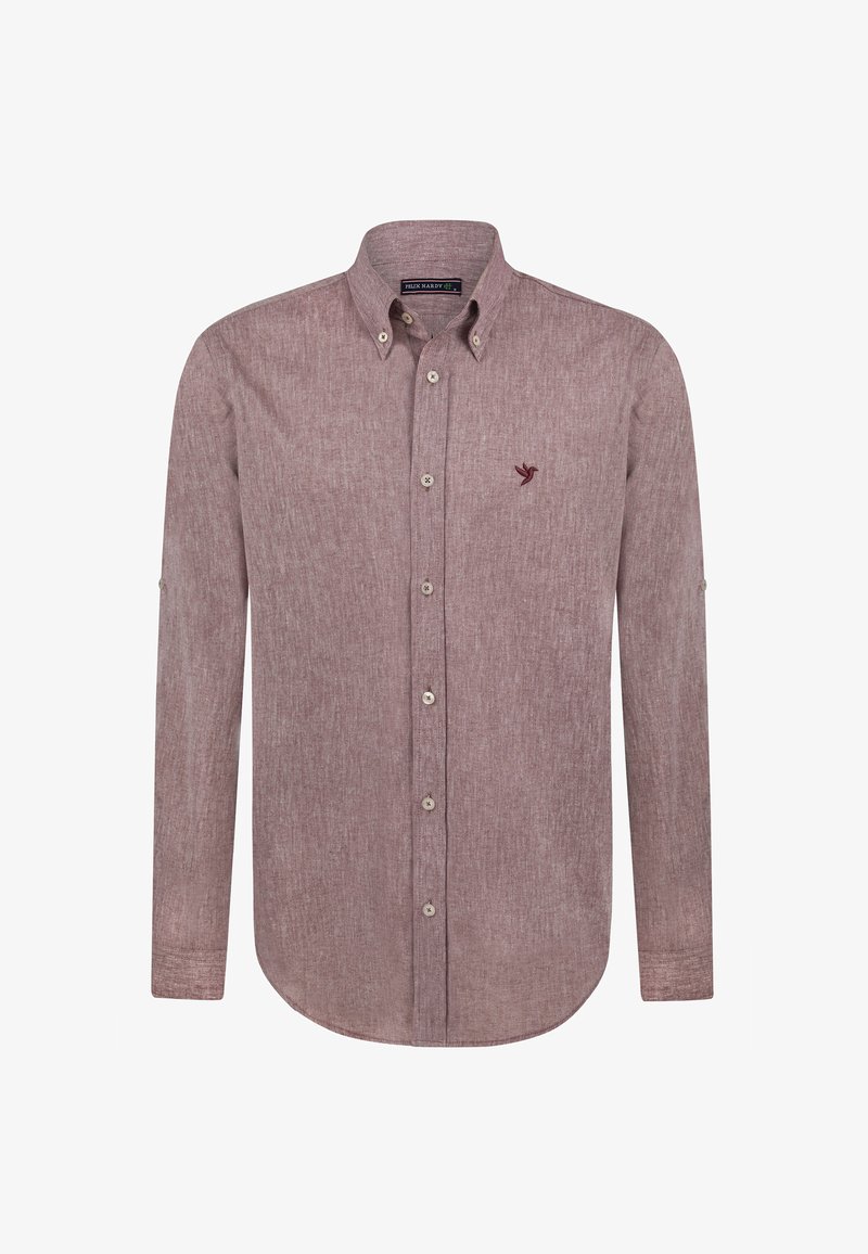 Nööpidega särk, millel on punakaspruun tekstuuriga kangas. Klassikaline krae, pikad varrukad ja väike tikitud logo rinnal.