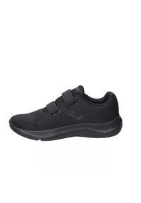 Scarpa da ginnastica nera con due cinturini in Velcro, tomaia in mesh e suola imbottita, vista di lato.