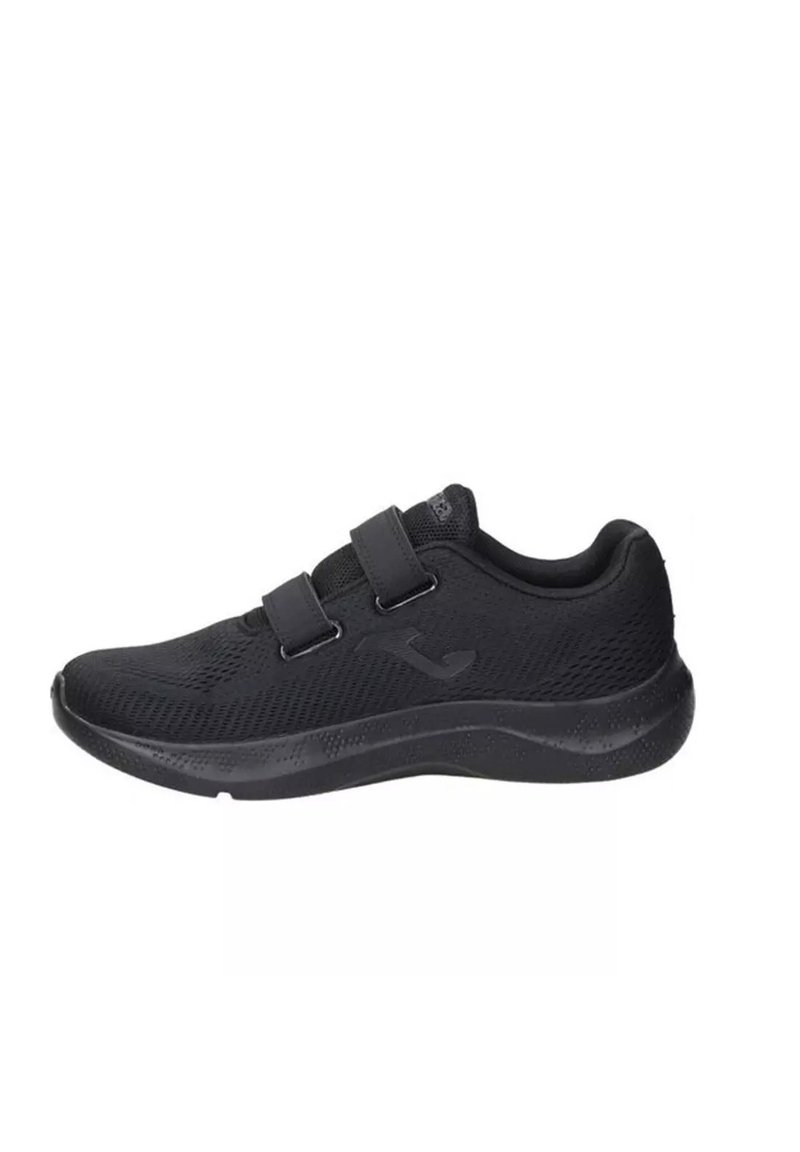 Scarpa da ginnastica nera con due cinturini in Velcro, tomaia in mesh e suola imbottita, vista di lato.