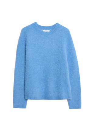 Maglione azzurro chiaro in maglia pelosa con colletto a girocollo, maniche lunghe e polsini a costine. Texture morbida con vestibilità comoda e orlo piatto.