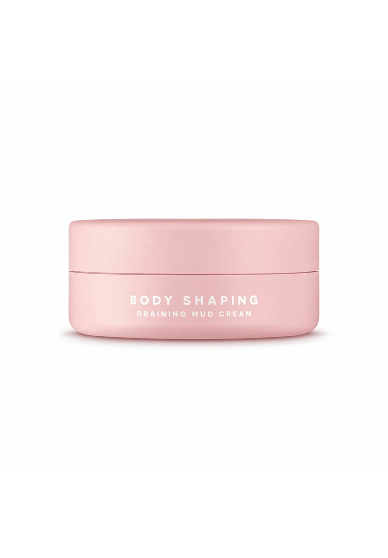Barattolo rotondo rosa etichettato "CREMA MUD DRENANTE PER LA FORMA DEL CORPO" in testo bianco. Superficie liscia, design minimalista, con un coperchio sicuro.