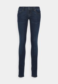 Jeans de mezclilla oscuros de corte slim, con una textura suave, diseño de cinco bolsillos y cierre clásico de botón y cremallera.