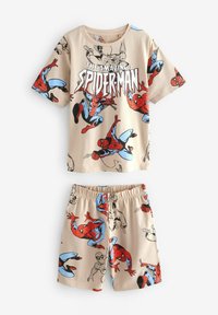 Set di pigiama in cotone beige con maglietta a maniche corte e pantaloni corti, entrambi adornati da colorate grafiche di Spider-Man e una cintura elastica.