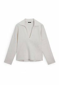 Pull léger beige clair avec un col en V et un col, fabriqué en matière tricot douce, avec des manches longues et une coupe décontractée.