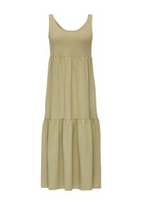 Robe longue sans manches, vert olive clair, à étages, avec un col rond profond et une coupe ample et fluide. Aucun motif ou ornement visible.