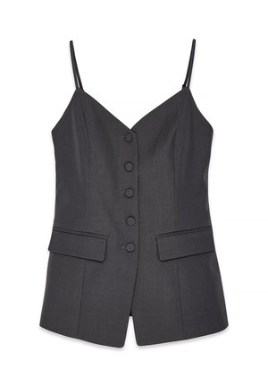Top in tessuto grigio scuro, sfiancato, con scollatura a V, spalline regolabili, cinque bottoni frontali e due tasche laterali. Tessuto morbido con design strutturato.