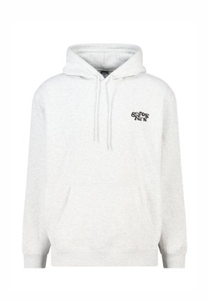 Grijze katoenen hoodie met een trekkoord in de capuchon, een kangoeroezak en een zwart tekstlogo op de linkerbovenborst. Comfortabel en casual ontwerp.