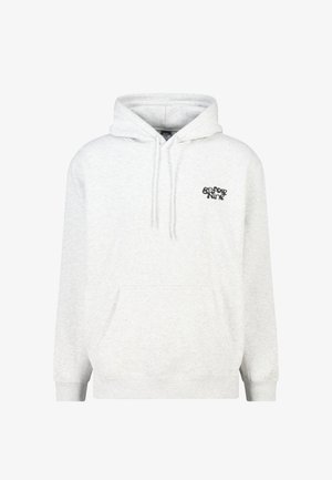 Grijze katoenen hoodie met een trekkoord in de capuchon, een kangoeroezak en een zwart tekstlogo op de linkerbovenborst. Comfortabel en casual ontwerp.