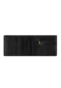 Portafoglio in pelle nera con più slot per carte, tasca con zip per monete e una superficie liscia. Logo del marchio in rilievo all'esterno.
