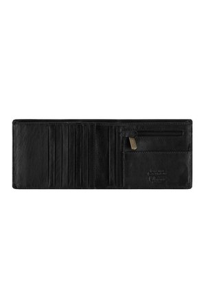 Portefeuille en cuir noir avec plusieurs emplacements pour cartes, une poche à pièces zippée et une texture lisse. Logo de la marque embossé à l'extérieur.