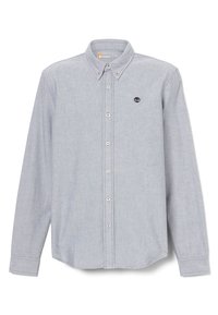 Camisa de hombre de manga larga y botón en color azul claro, fabricada en algodón, con una textura sutil, cuello con botones y un pequeño logotipo bordado en el pecho.