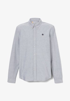 Himmelblaues Langarm-Hemd mit Knöpfen aus Baumwolle, mit einer subtilen Textur, button-down Kragen und kleinem gesticktem Logo auf der Brust.