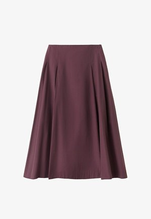 Gonna a metà lunghezza a linea ad A di colore prugna intenso con pieghe sottili e una cintura liscia, realizzata in tessuto leggero.