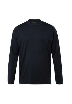 Lange mouwen t-shirt in donker marineblauwe katoen. Ronde hals ontwerp, gladde textuur, rechte snit, met een subtiele logo boven de zoom aan de linkerkant.