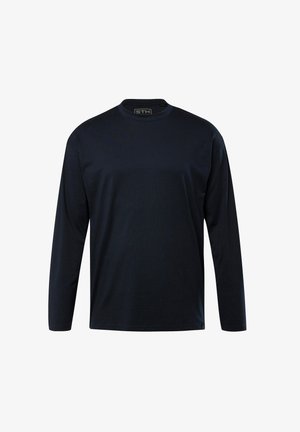 Langarm-T-Shirt aus dunkelblauem Baumwollstoff. Runder Ausschnitt, glatte Textur, gerader Schnitt, mit einem dezenten Logo oberhalb des Saums auf der linken Seite.