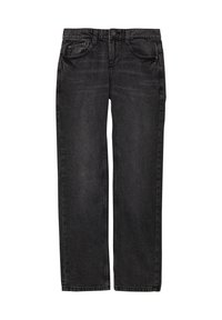 Schwarze Denim-Jeans im Straight-Leg-Schnitt mit klassischem 5-Taschen-Design. Mit einem Knopfverschluss und dezentem Verblassen im gesamten Stoff.