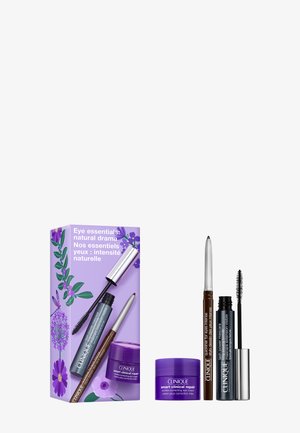 Set essenziale Clinique per gli occhi con mascara, eyeliner marrone, crema correttiva per le rughe e confezione floreale viola.