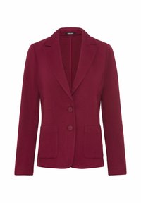 Bordeaux blazer van een textuurstof, met notch-lapels, sluiting met twee knopen en twee voorzakken. Gladde binnenvoering.