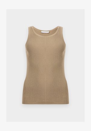 Beige ribbed knit sleeveless top with round neckline, fitted shape, and label reading "Tiger of Sweden 1903" at the back inside collar.