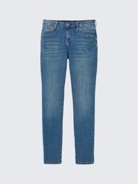 Jean en denim bleu avec une coupe droite, un design à cinq poches et un léger délavage. Comprend une fermeture à bouton en métal et des passants de ceinture.