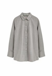 Camicia grigia con bottoni realizzata in tessuto morbido, dotata di colletto a punta, maniche lunghe e orlo arrotondato con chiusura a bottone.