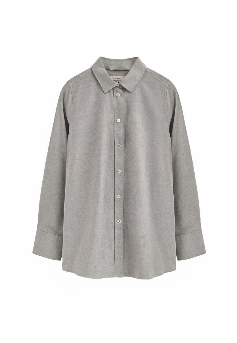 Camicia grigia con bottoni realizzata in tessuto morbido, dotata di colletto a punta, maniche lunghe e orlo arrotondato con chiusura a bottone.