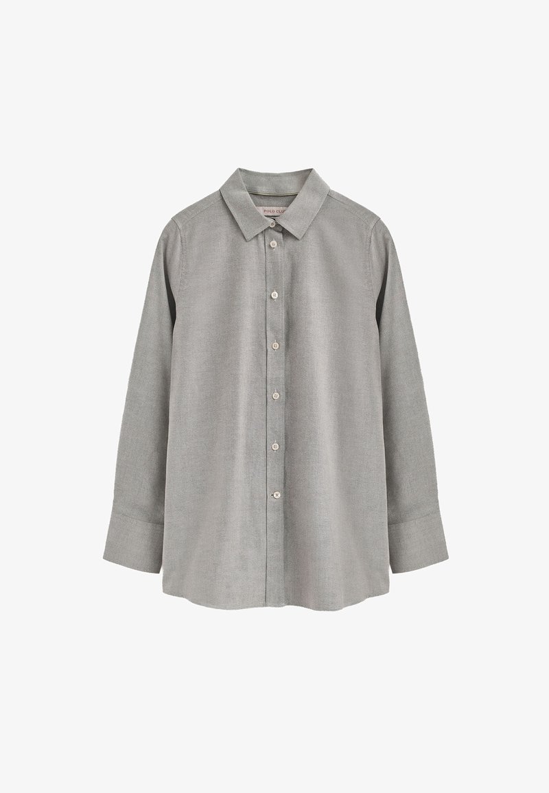 Camicia grigia con bottoni realizzata in tessuto morbido, dotata di colletto a punta, maniche lunghe e orlo arrotondato con chiusura a bottone.