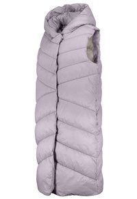 Ljuslila pufferväst med hög krage, med ett kviltat mönster, ärmlös design och en mjuk, slät textur.
