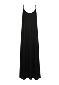 Abito maxi nero con sottili spalline, realizzato in tessuto a coste, caratterizzato da un design ampio e fluido che scende fino alle caviglie.