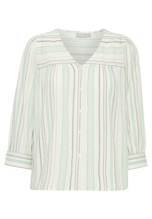 Kerge, nööpidega särk valge värviga, millel on vertikaalsed triibud rohelises, hallis ja roosas. V-kaelus ja kolmeveerandi pikkuses varrukad.