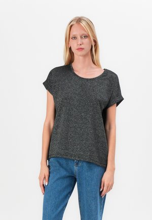 Short-sleeve black top with metallic thread, round neckline, loose fit, and subtle texture. Paired with blue high-waisted jeans.