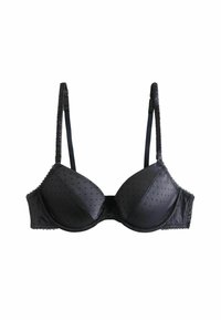Black bra with padded cups featuring a dotted pattern, lace trim, and adjustable satin straps. The material has a smooth texture.
