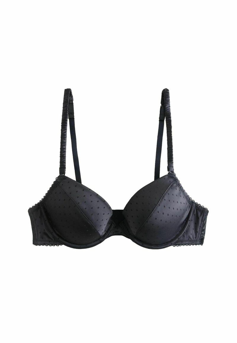 Black bra with padded cups featuring a dotted pattern, lace trim, and adjustable satin straps. The material has a smooth texture.