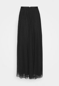 Czarna maxi spódnica wykonana z przezroczystej tkaniny, z plisowanym wzorem i kropkowanym motywem, posiadająca pasek w talii oraz zamek błyskawiczny z tyłu.