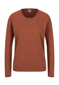 Langärmliger, rostbrauner Strickpullover mit Rundhalsausschnitt und einfachem Saum, aus weichem, strukturiertem Stoff hergestellt.