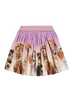 Fioletowa plisowana spódnica z nadrukiem psów różnych ras, ozdobiona akcesoriami. Miękka tkanina i elastyczny pasek w talii.