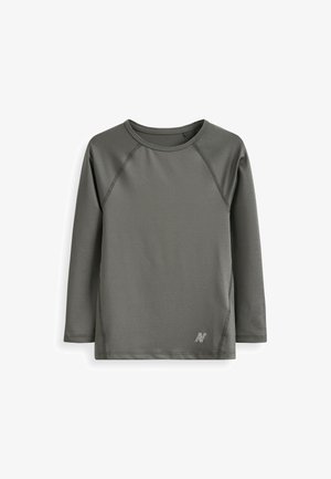 Langarmshirt in donkergrijs, gemaakt van zacht, ademend materiaal. Heeft een ronde hals en raglanmouwen. Subtiel logo in de hoek.
