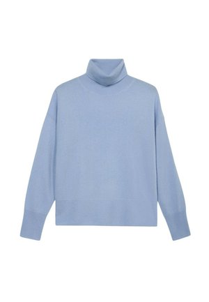 Pull à col roulé bleu clair, fabriqué en maille douce. Il présente une coupe décontractée, des manches longues et un ourlet et un col côtelés.