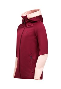 Giacca color bordeaux con cappuccio e maniche rosa, dotata di chiusura con zip, tasca laterale e texture liscia, progettata per il comfort e il calore.