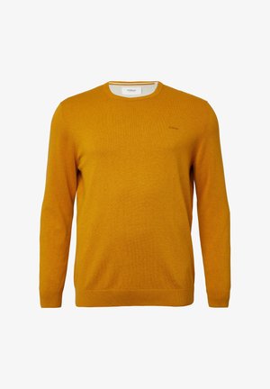Senfgelbes Crewneck-Sweatshirt mit gerippten Bündchen und Saum. Weicher Stoff und minimalistisches Design mit einem kleinen Logo auf der Brust.