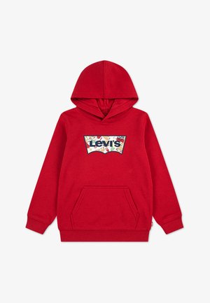 Rode hoodie van zacht stof, met een groot kleurrijk Levi's-logo op de voorkant, een buidelzak en geribbelde manchetten.