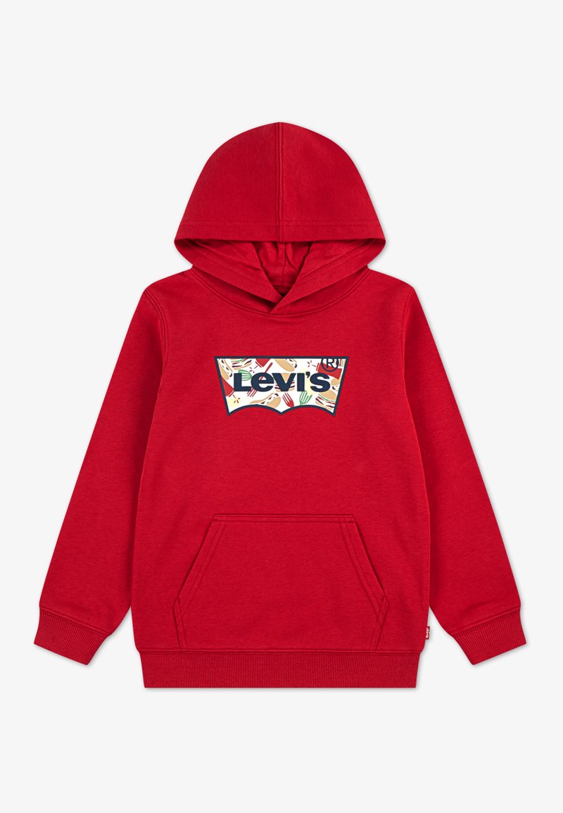 Κόκκινο φούτερ με κουκούλα από μαλακό ύφασμα, με μεγάλο πολύχρωμο έμβλημα λογότυπου Levi's στο μπροστινό μέρος, τσέπη καγκουρό και ριμπ μανσέτες.