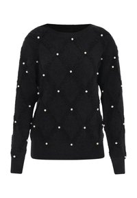 Schwarzer Pullover mit einem strukturierten Muster, das erhabene Rautenformen und Perlenverzierungen aufweist. Rippstruktur am Kragen und an den Bündchen.